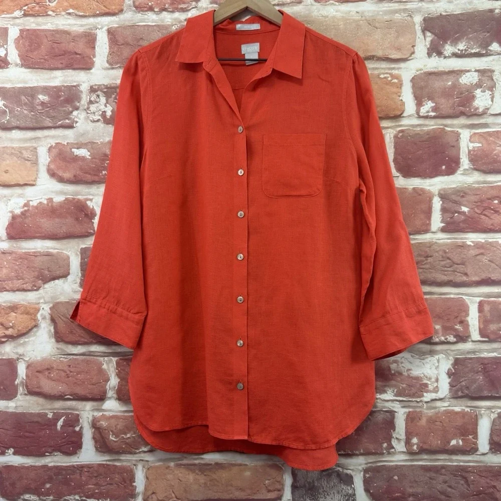 Chicos Top Women's 8 Orange 100% Linen Casual Career Capsule Button Up Shirt - Picture 8 of 10